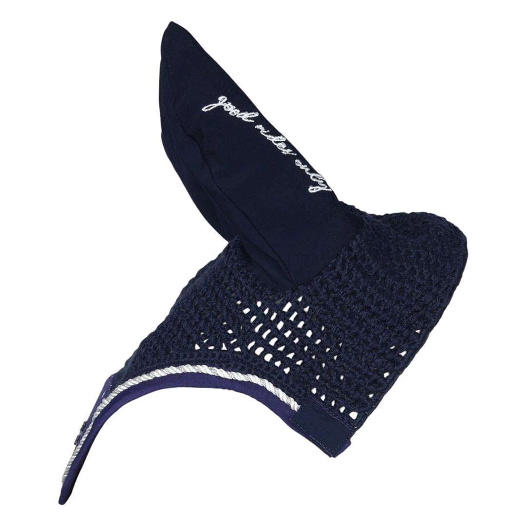 navy ear bonnet with printed flap