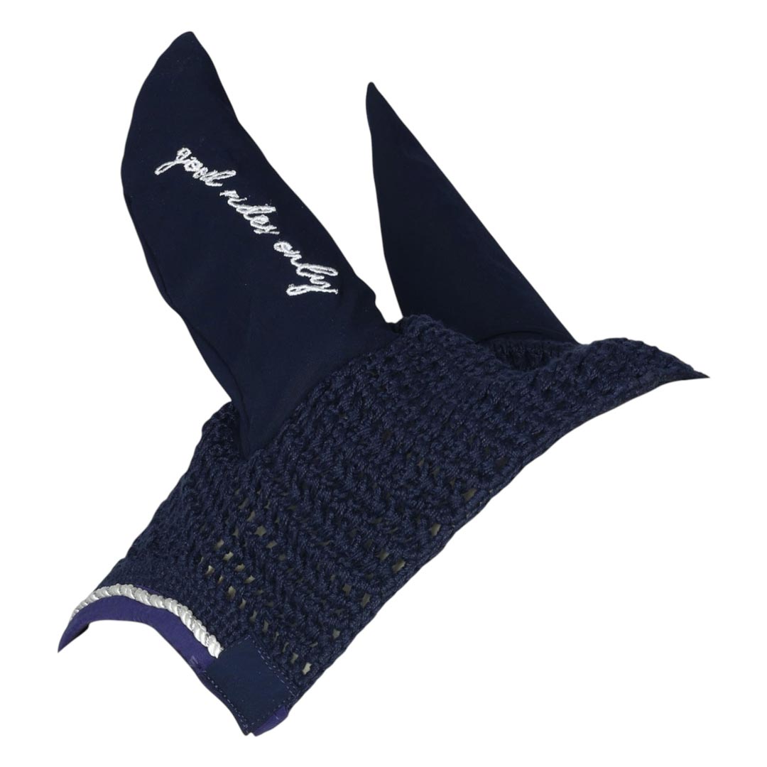 navy ear bonnet with printed flap