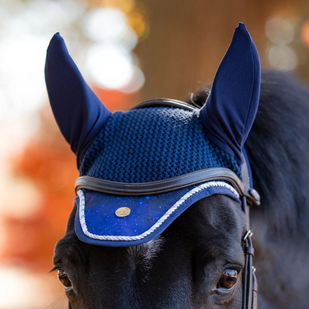 navy ear bonnet with printed flap
