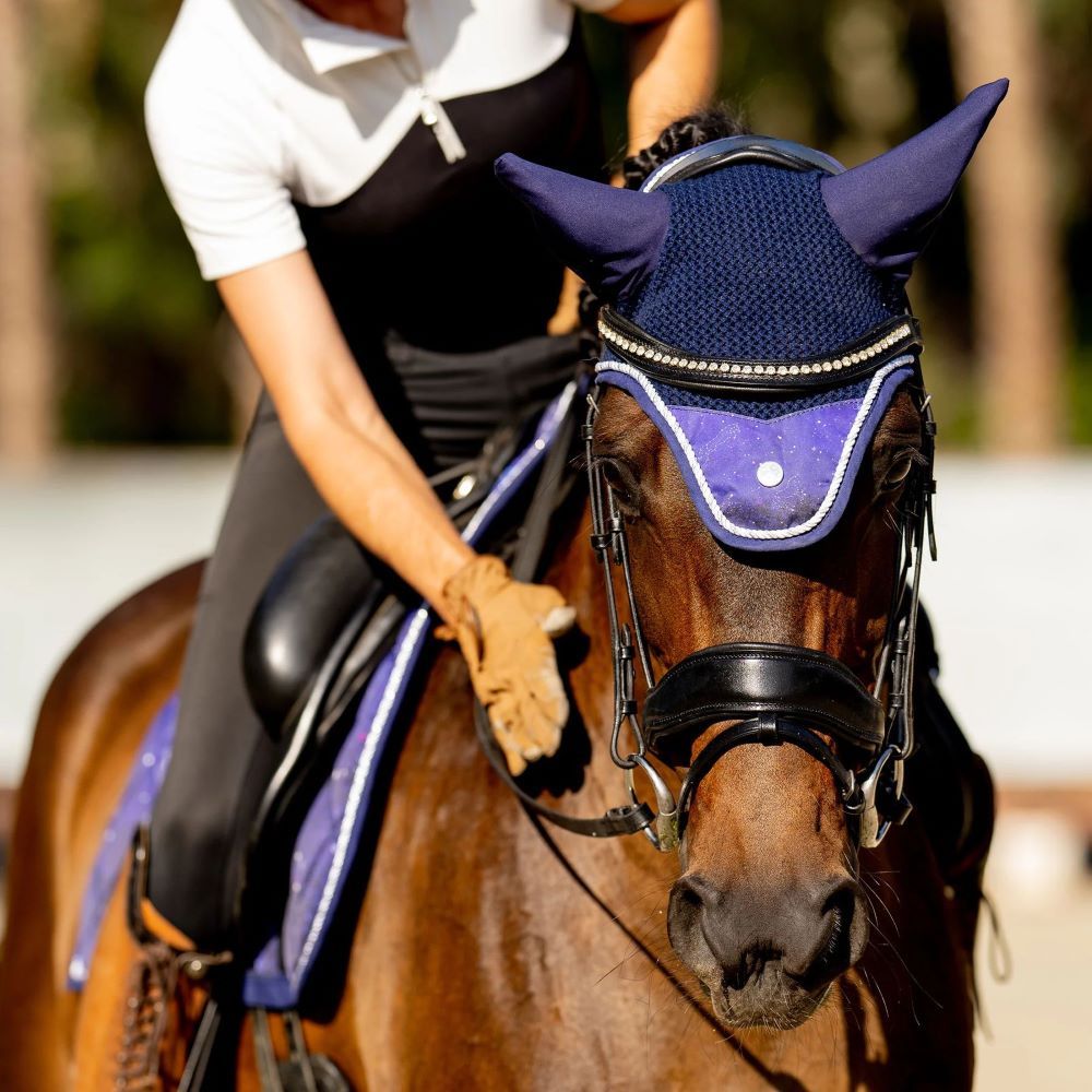 navy ear bonnet with printed flap