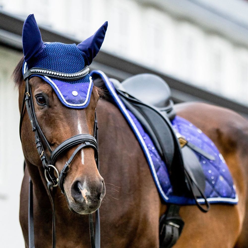 navy ear bonnet with printed flap