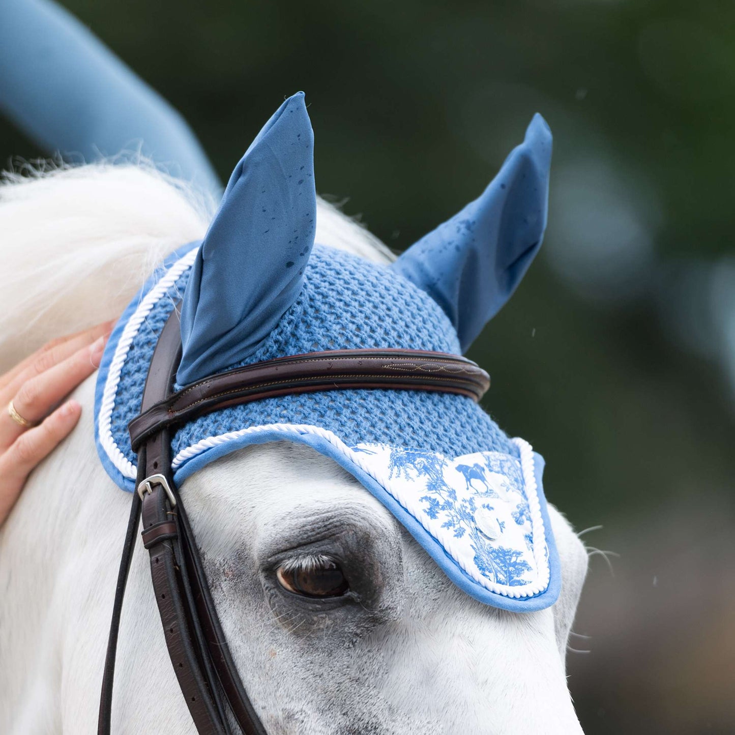 blue horse bonnet with printed flap