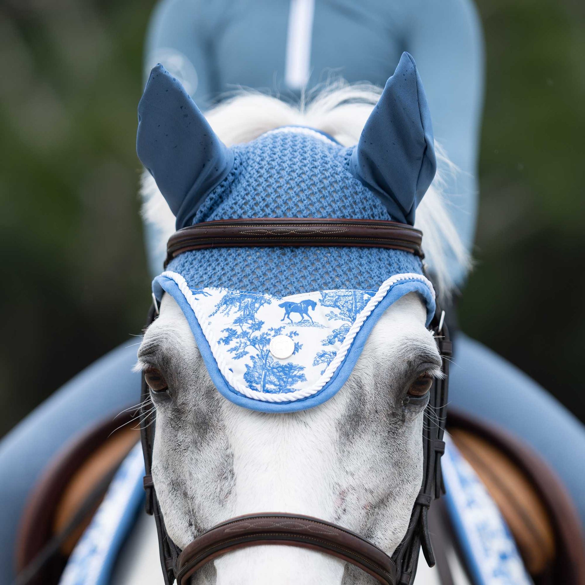 blue horse bonnet with printed flap