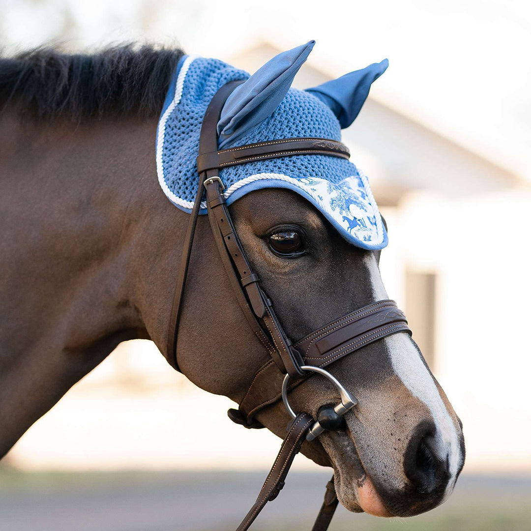 blue horse bonnet with printed flap