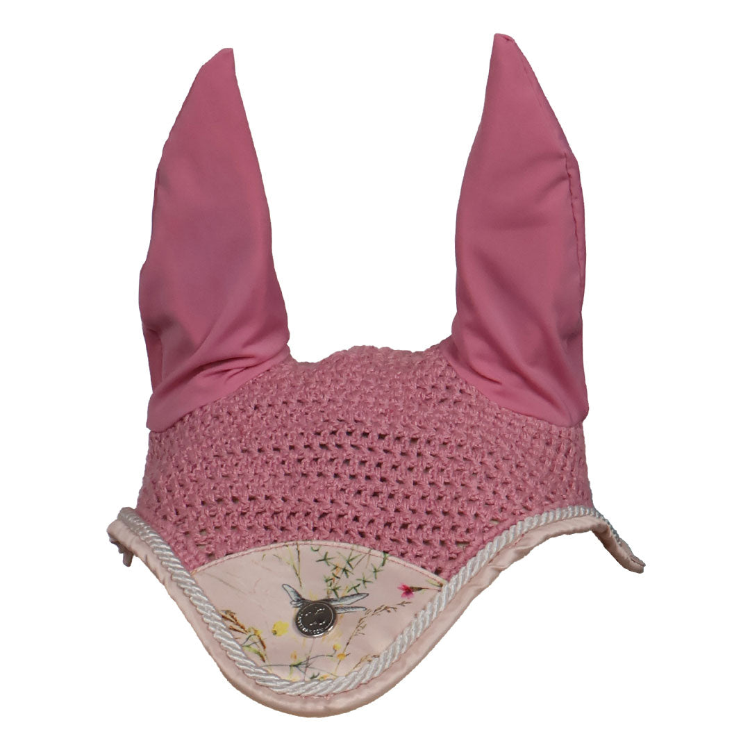 Pink ear bonnet with floral pattern 