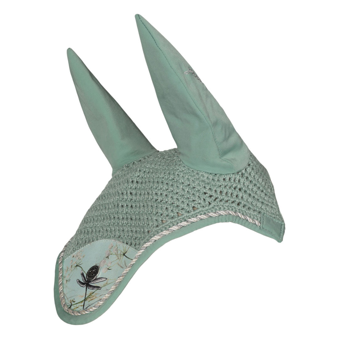 Light green crochet ear bonnet with insect design on a white background