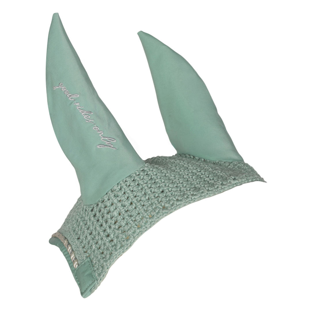 Green horse ear bonnet with textured base on a white background