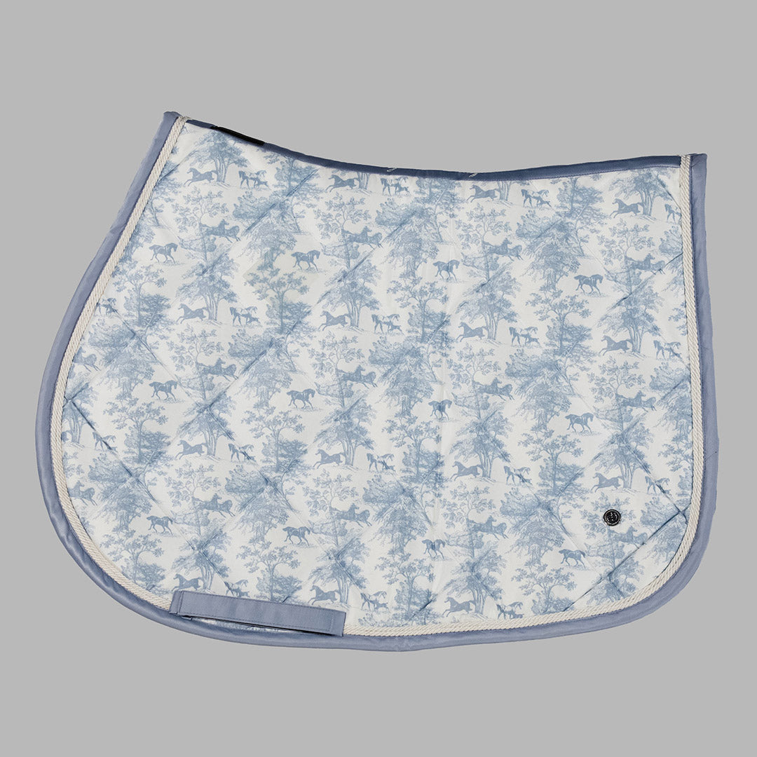 blue and white patterned saddle pad