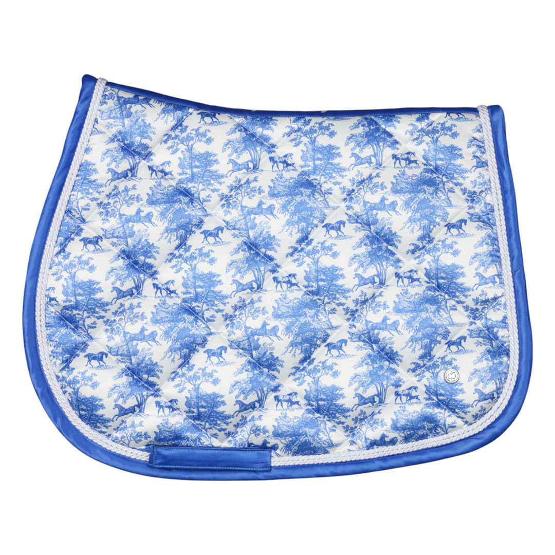 Blue and white patterned saddle pad 