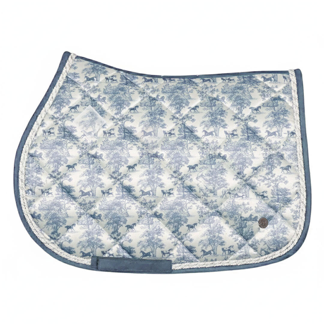Patterned saddle pad with blue and white design on a white background
