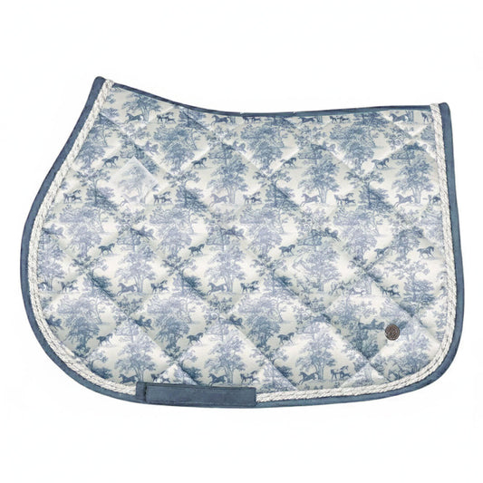 Patterned saddle pad with blue and white design on a white background