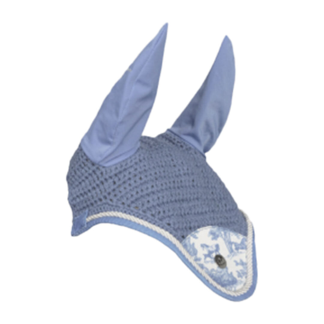 Blue ear bonnet with white trim on a white background