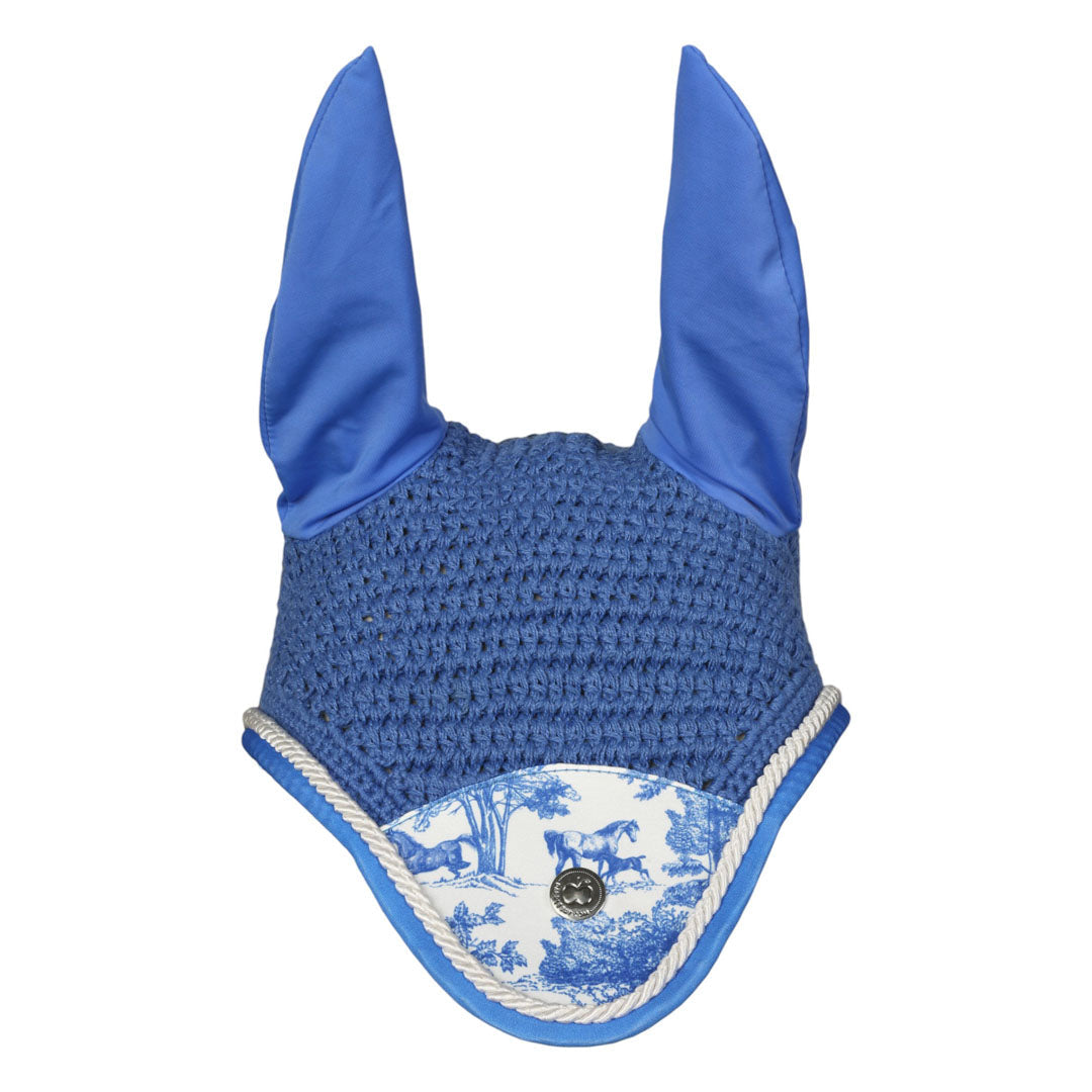 Blue crochet ear bonnet with patterned trim on a white background