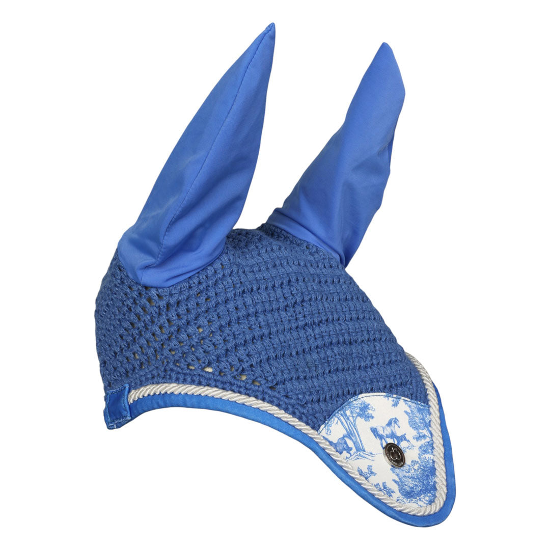Blue ear bonnet with white trim on a white background