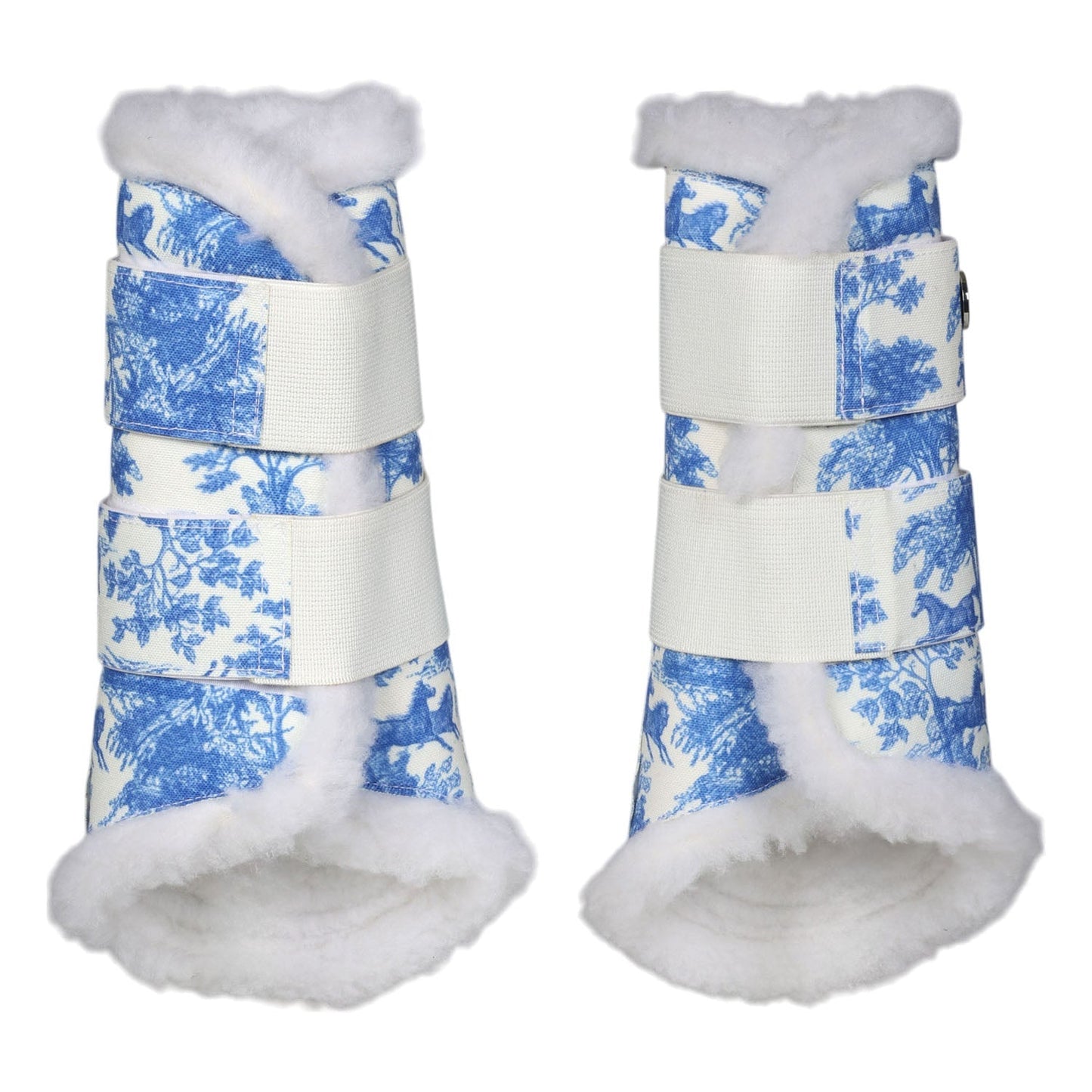 Pair of blue and white patterned protective boots with white fur trim on a white background