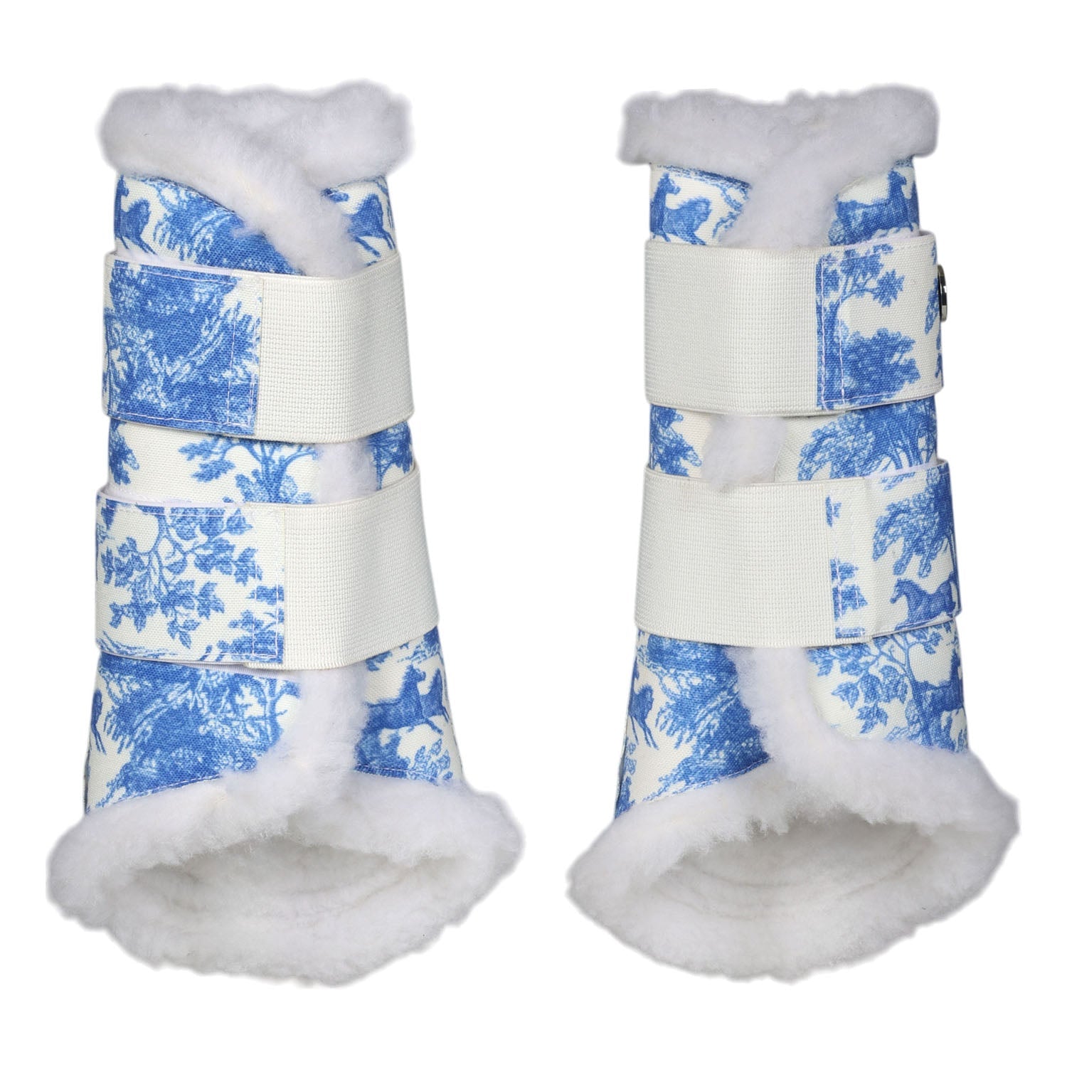 Pair of blue and white patterned protective boots with white fur trim on a white background