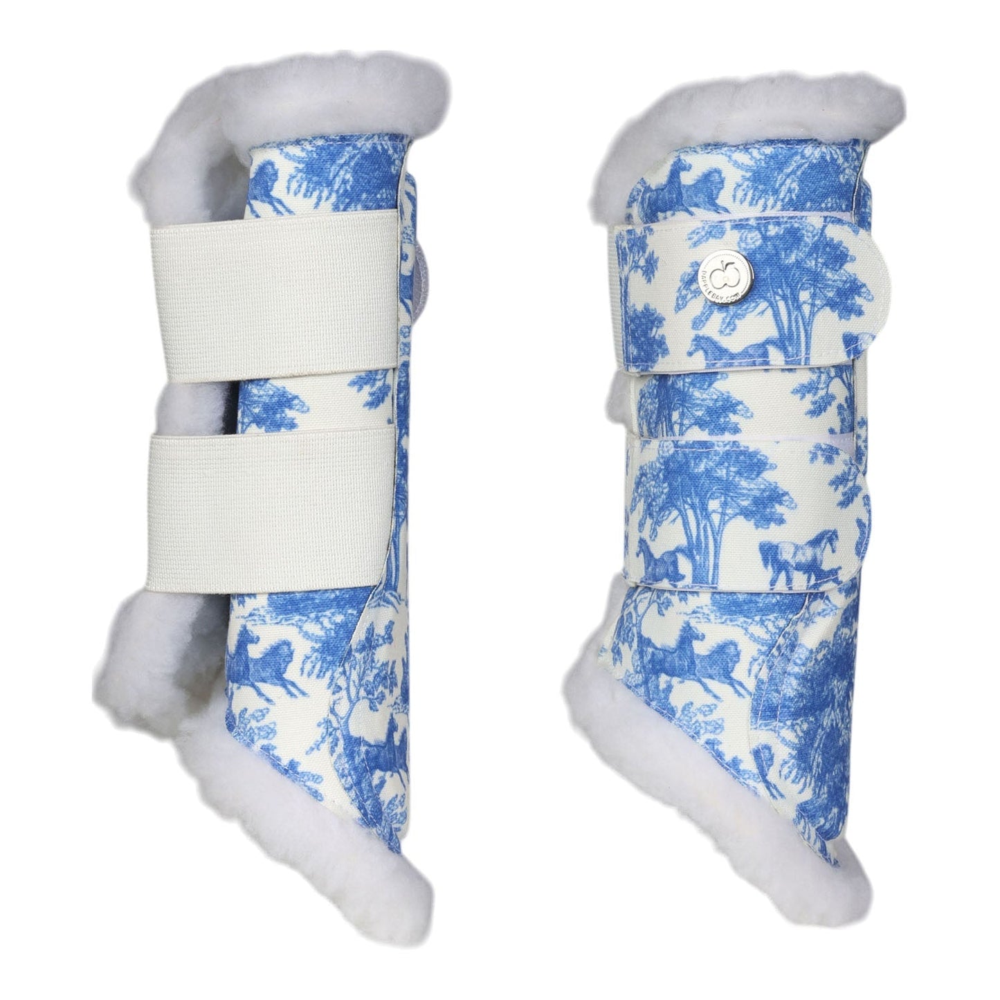 Pair of white protective leg wraps with blue horse pattern on a white background
