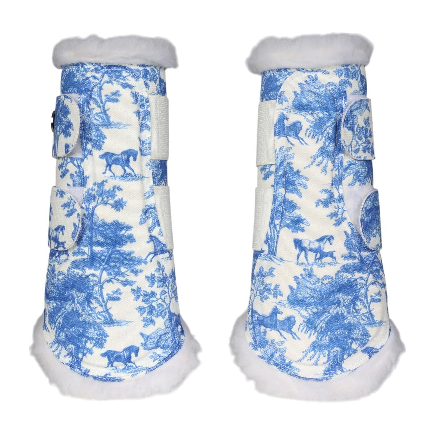 Pair of blue and white patterned horse boots on a white background