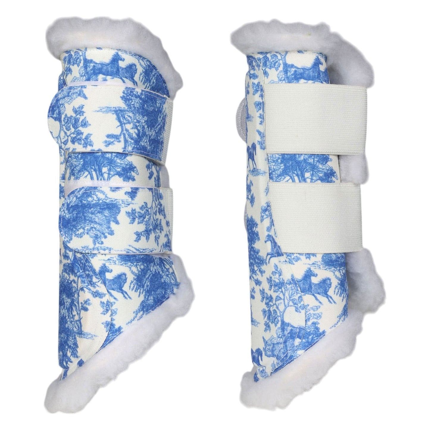 Pair of blue and white patterned leg wraps with white fleece on a white background