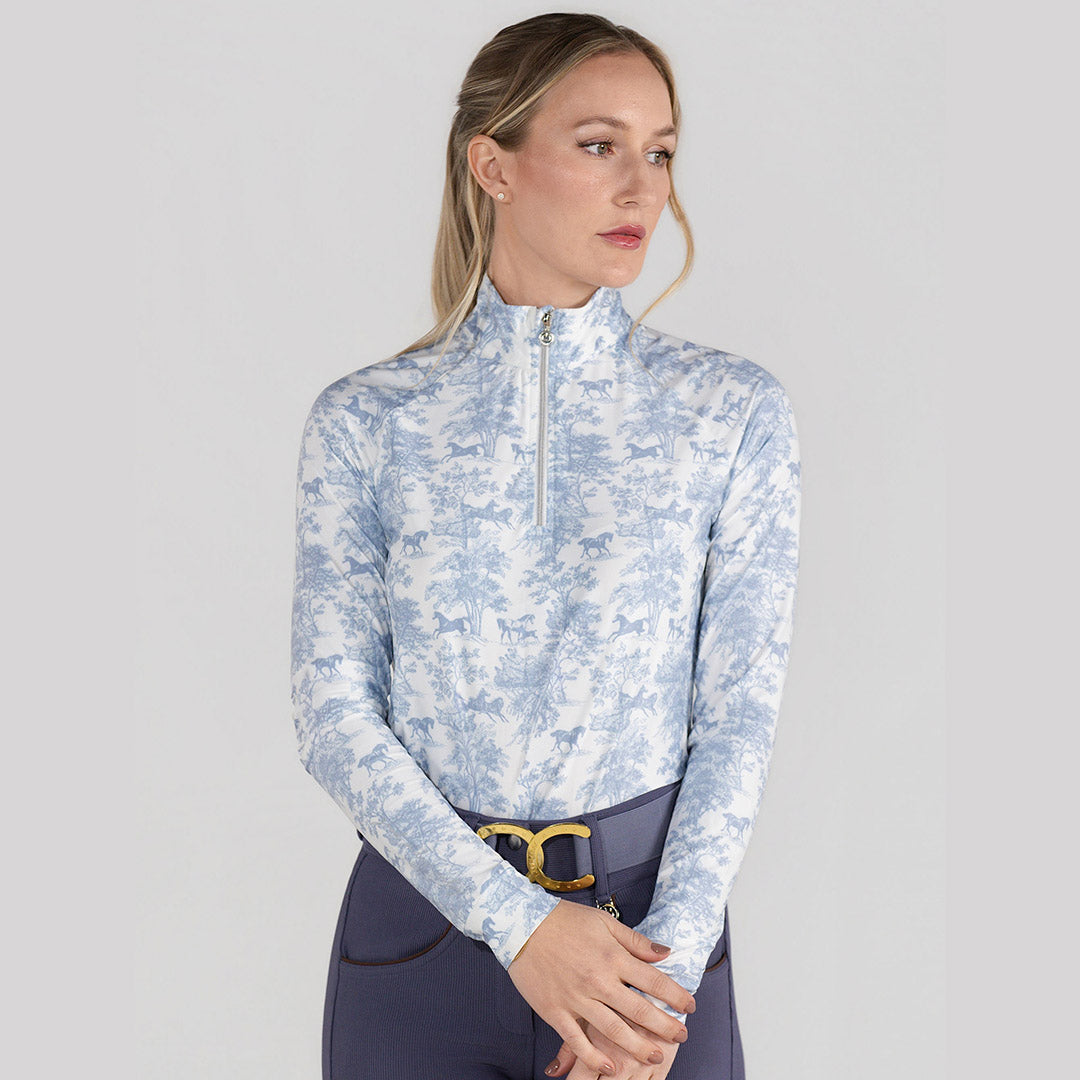 light blue long sleeve patterned riding top