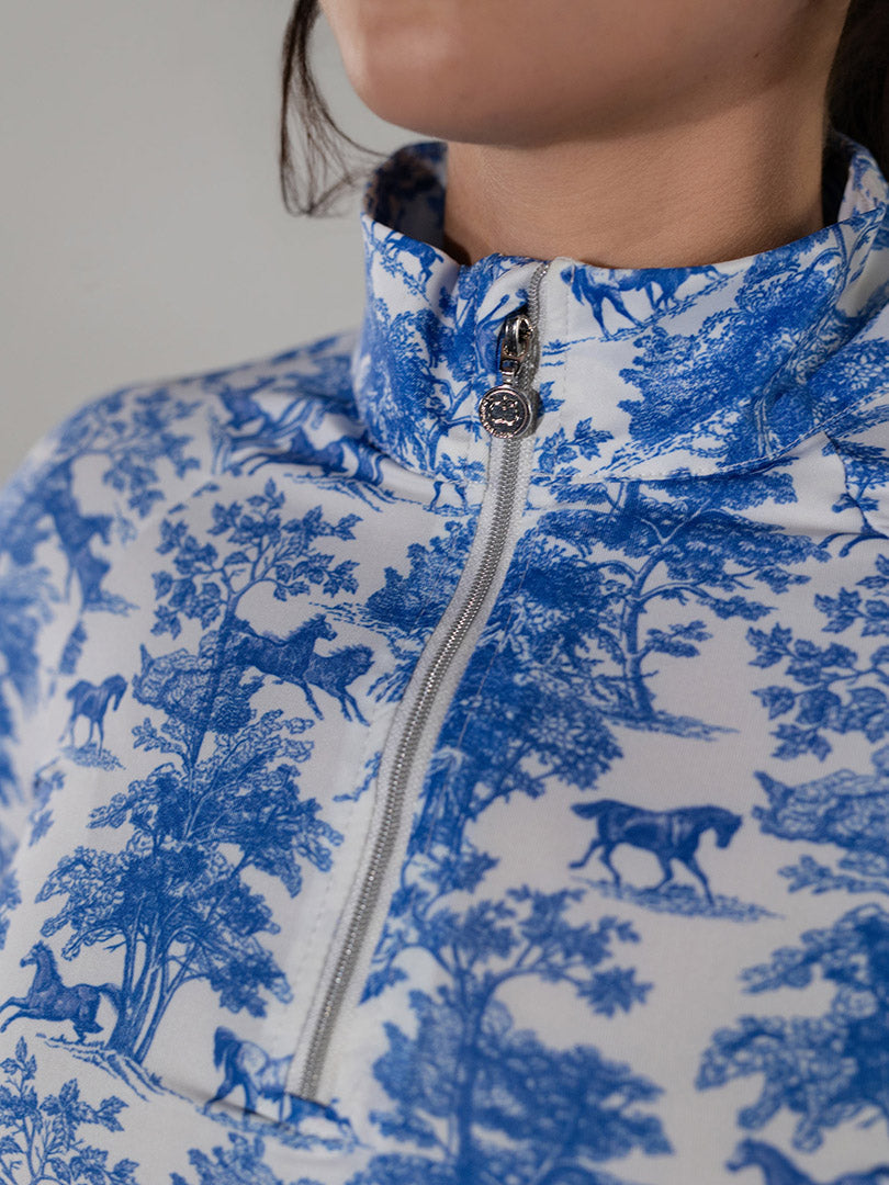 blue and white pattern short sleeve riding shirt