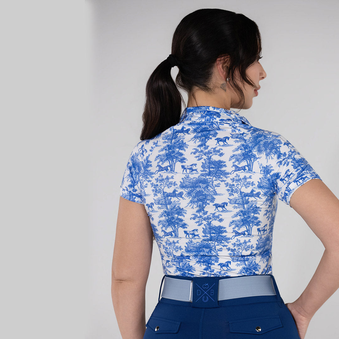 blue and white pattern short sleeve riding shirt
