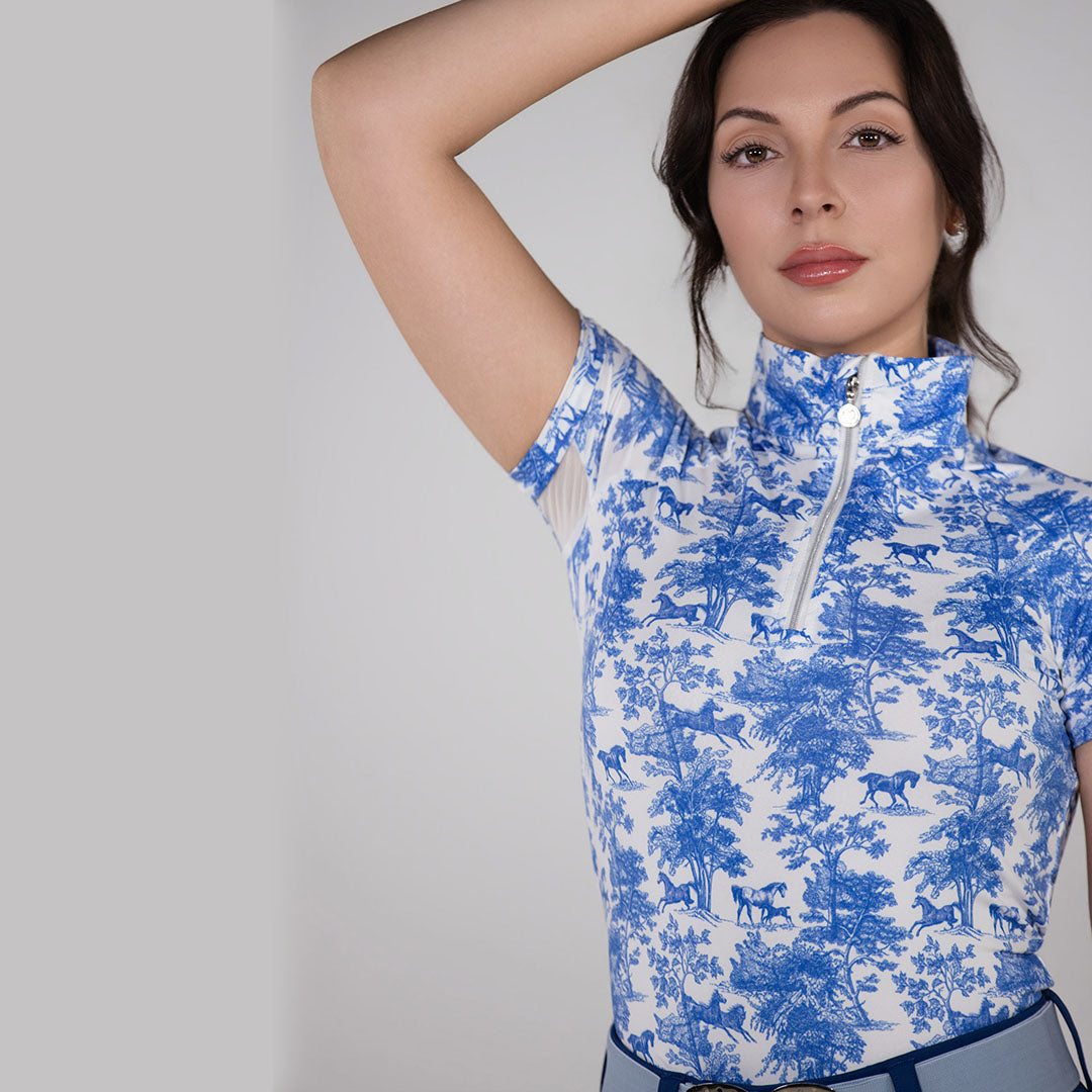 blue and white pattern short sleeve riding shirt