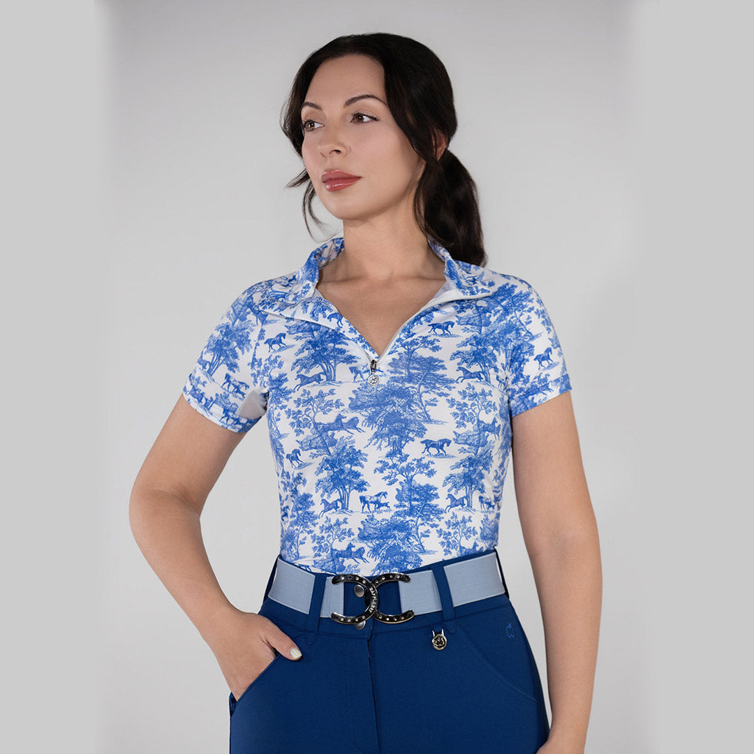 blue and white pattern short sleeve riding shirt