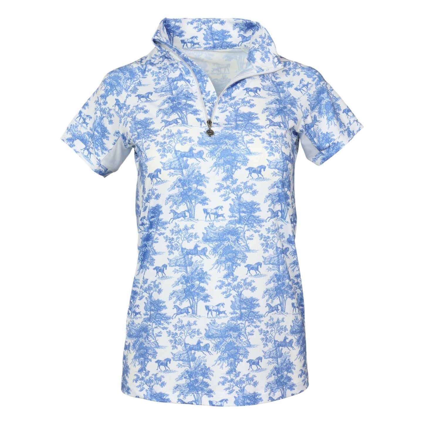 blue and white pattern short sleeve riding shirt