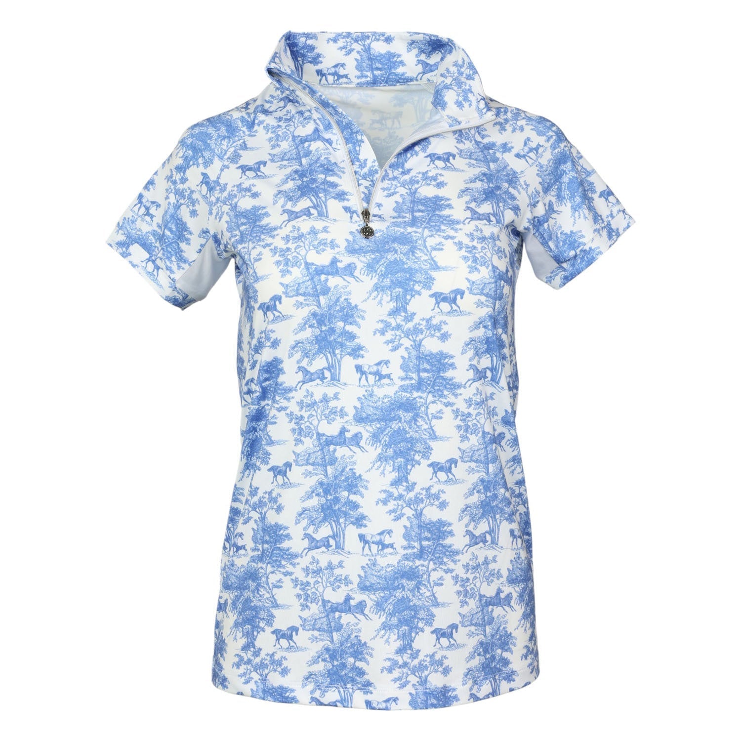 blue and white pattern short sleeve riding shirt