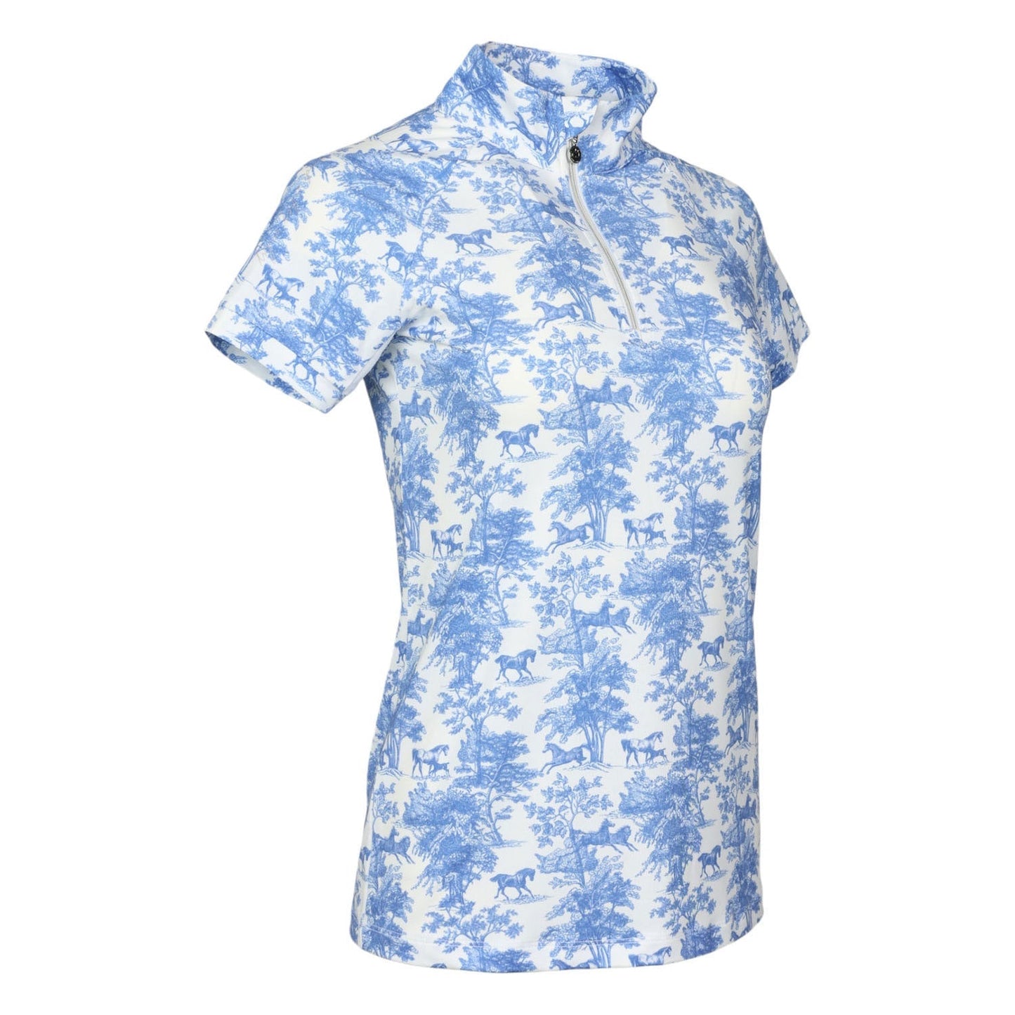 blue and white pattern short sleeve riding shirt
