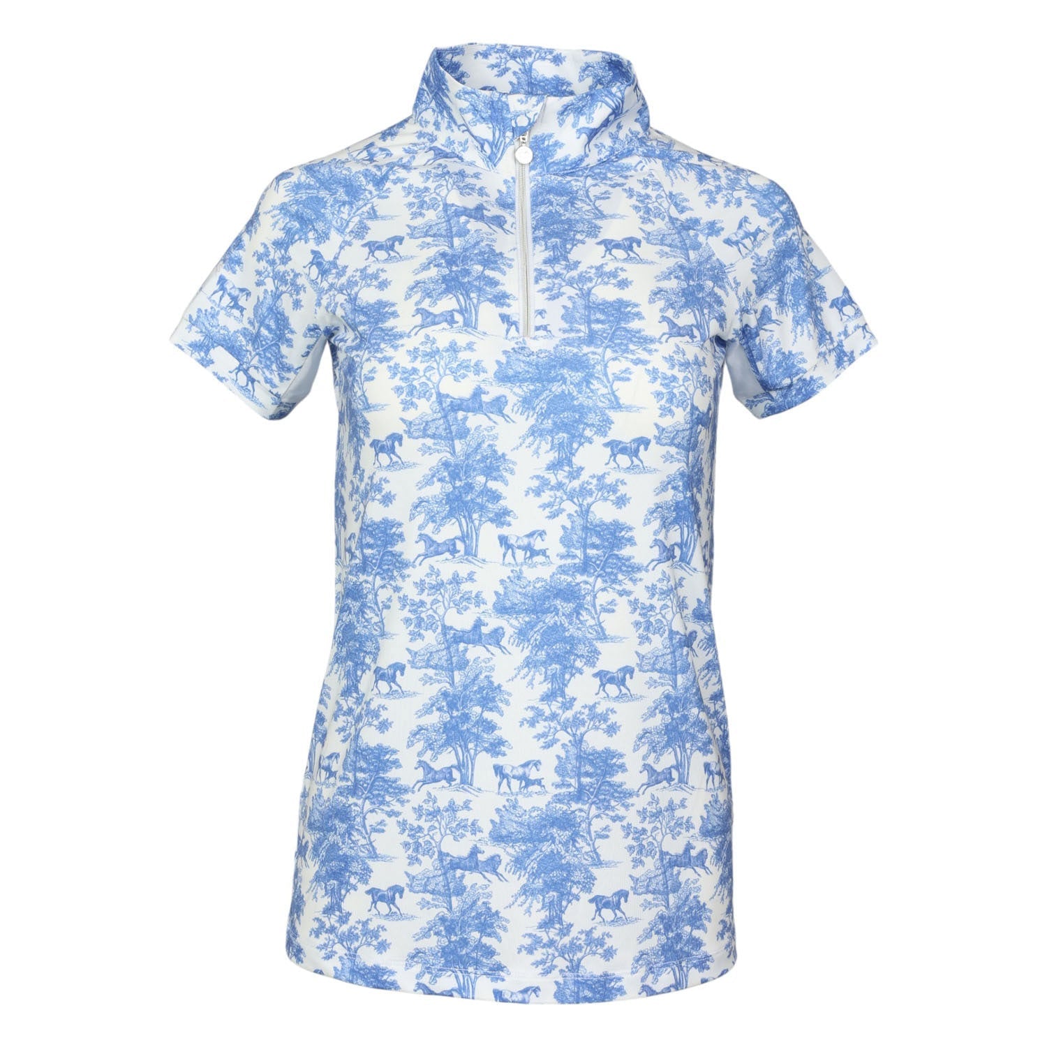 blue and white pattern short sleeve riding shirt