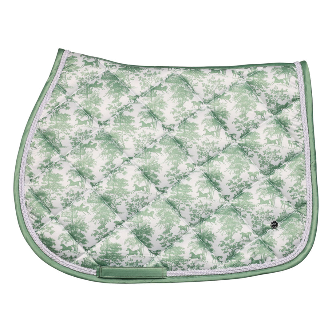 Green and white patterned saddle pad on a white background