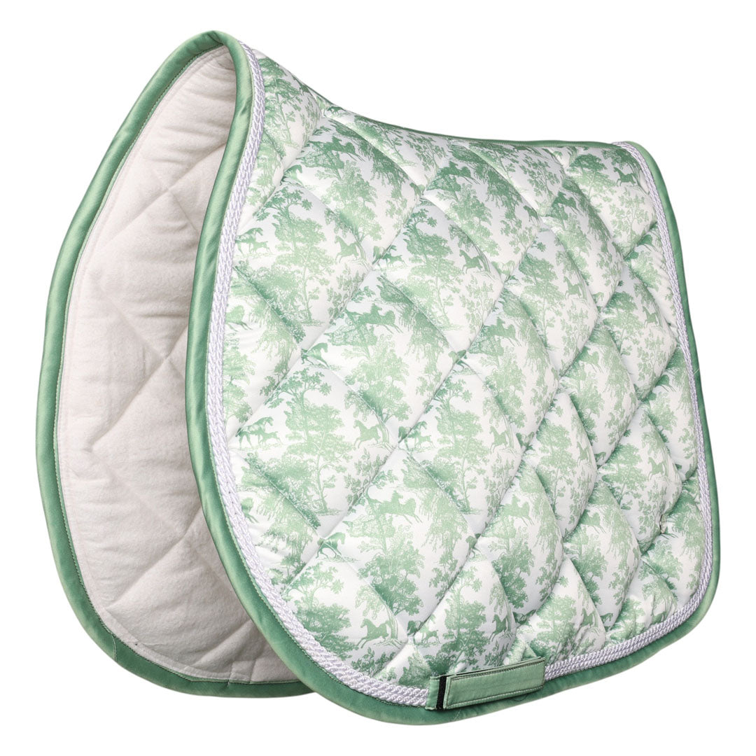 Green and white patterned saddle pad on a white background