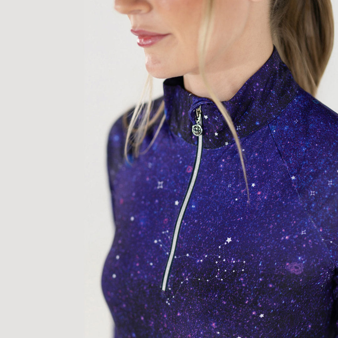 purple patterned short sleeve riding shirt