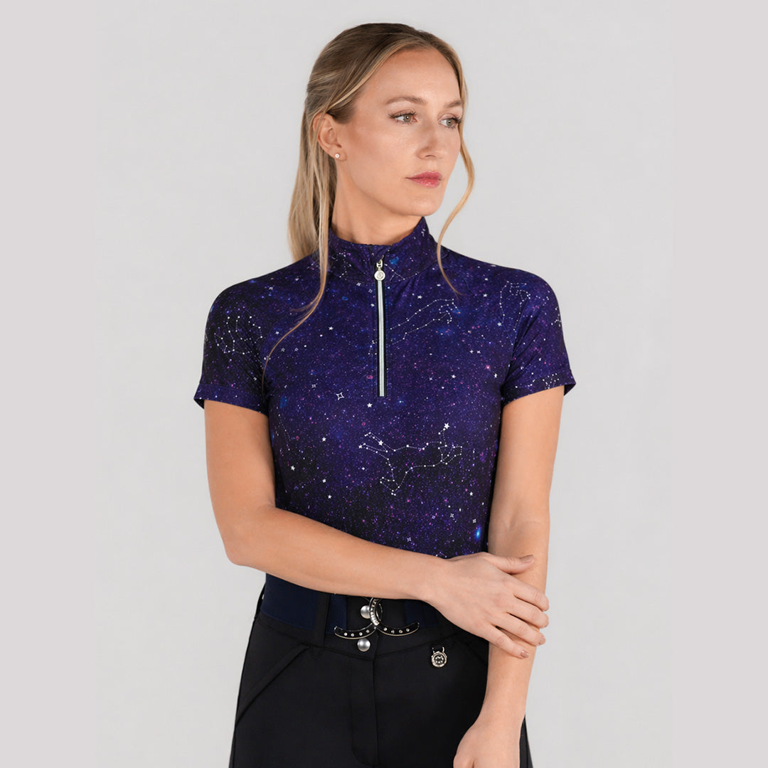 purple short sleeve patterned riding shirt
