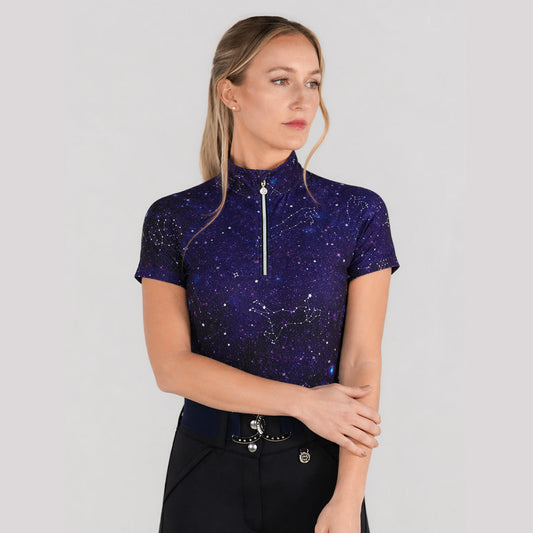 purple short sleeve patterned riding shirt