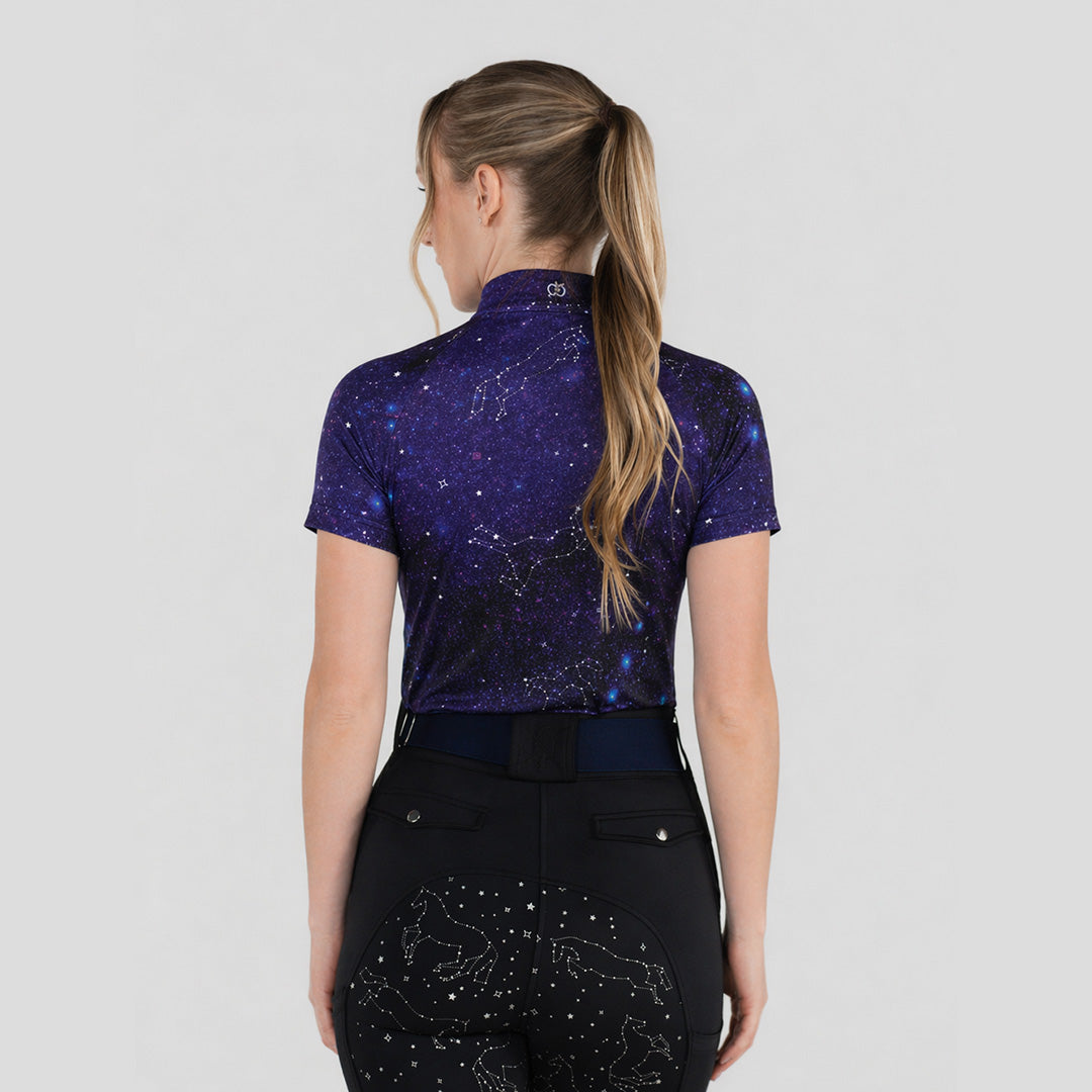 purple patterned short sleeve riding shirt