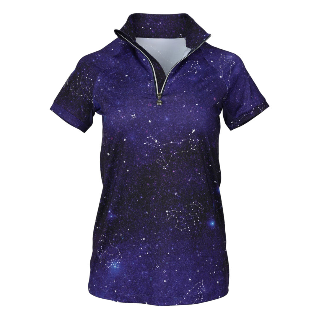 purple patterned short sleeve riding shirt