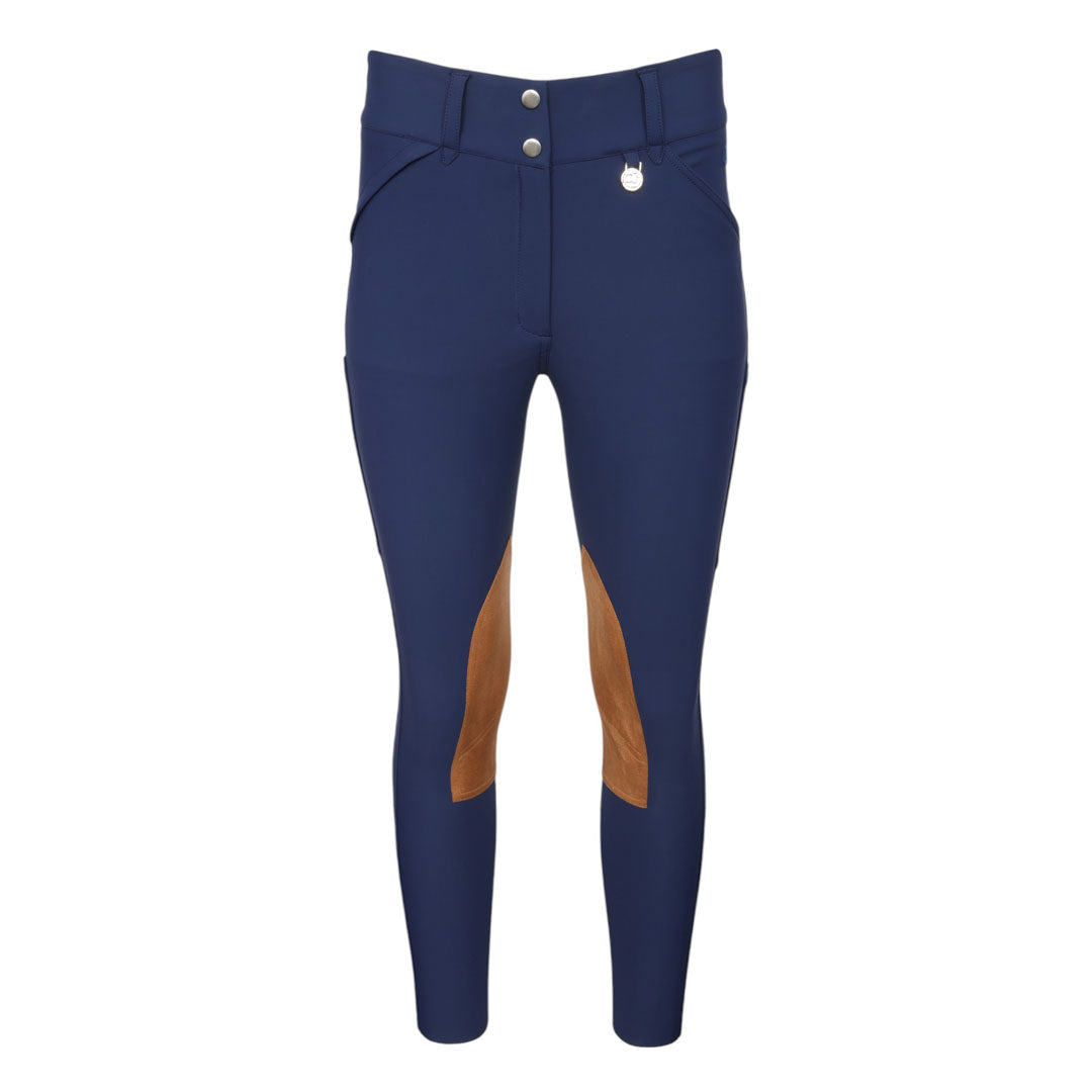 Navy blue riding pants with brown patch 