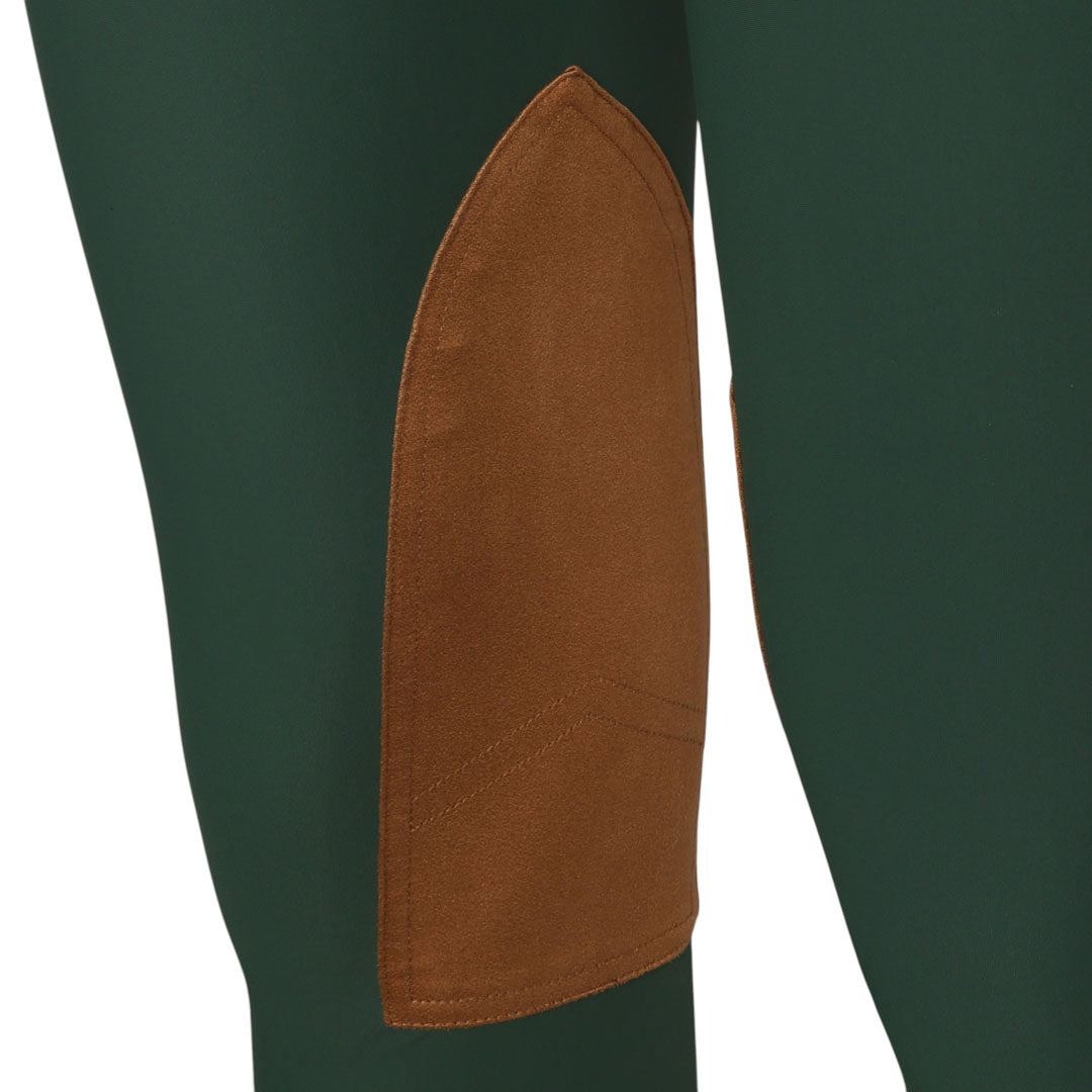 Green riding pants with a brown patch 