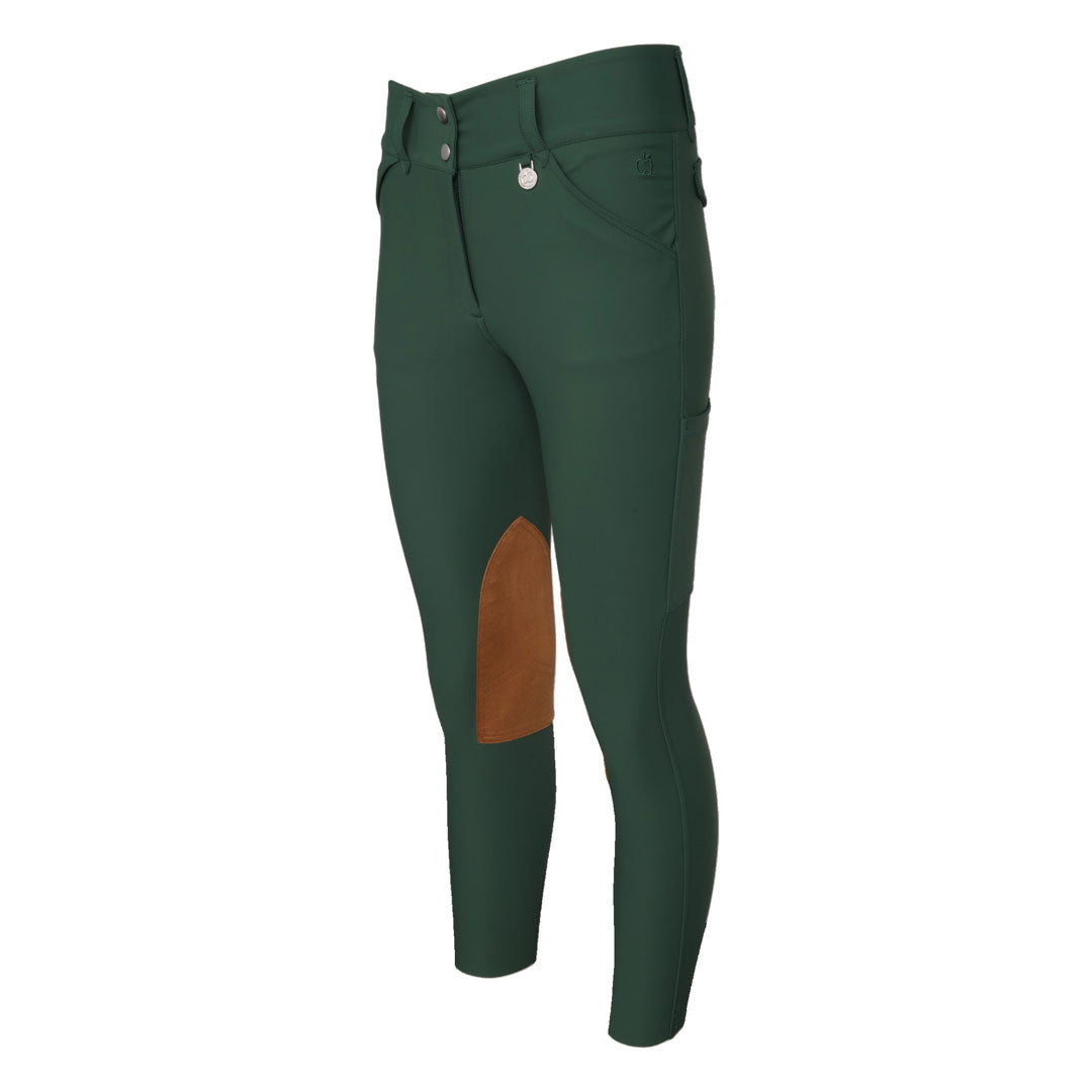Green riding pants with a brown patch 