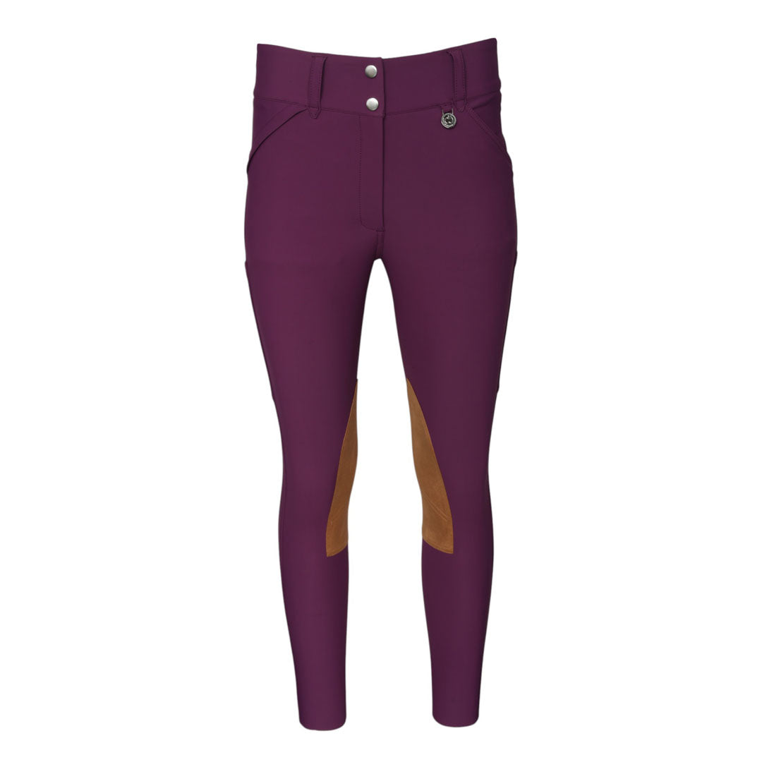 Purple riding pants with brown patch 