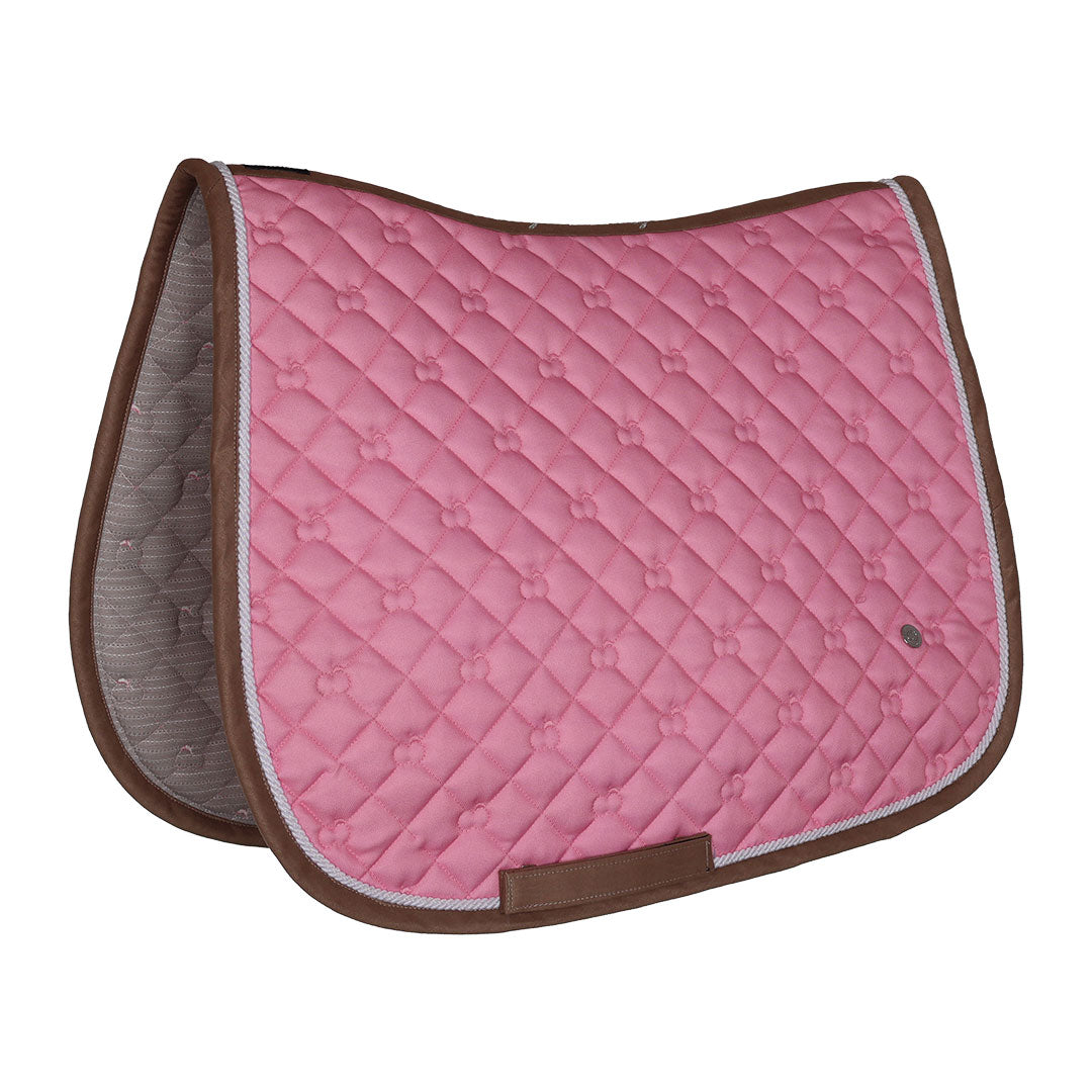 Pink quilted saddle pad with brown border on a white background