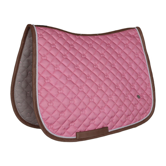 Pink quilted saddle pad with brown border on a white background