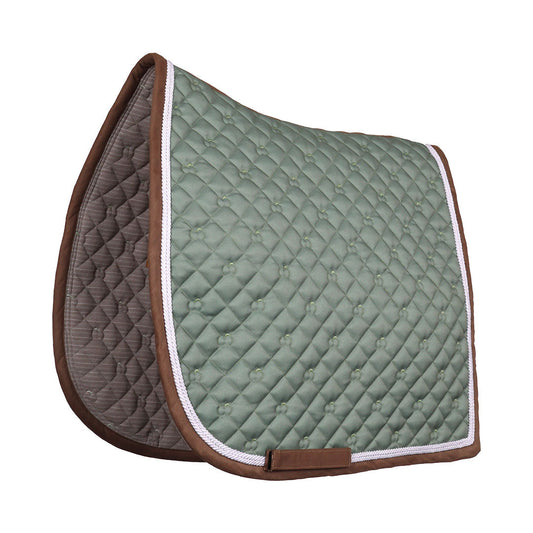 Green and brown quilted saddle pad on a white background