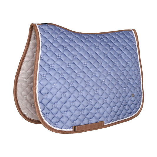 Blue quilted saddle pad with brown border on a white background