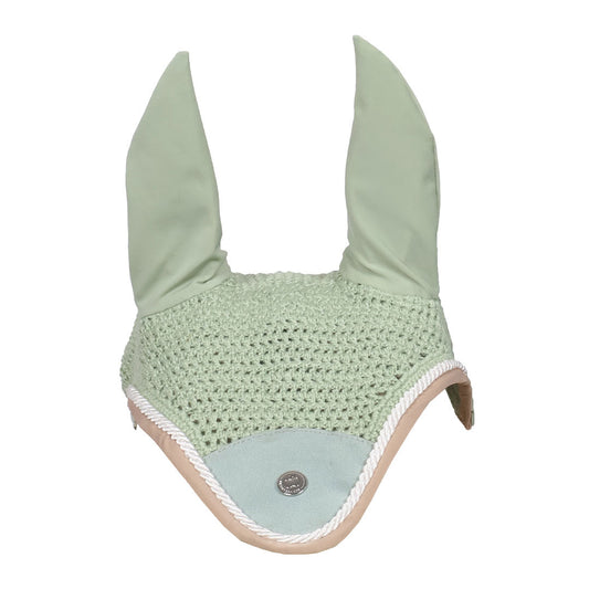 Light green crochet equestrian hood with ear flaps on a white background
