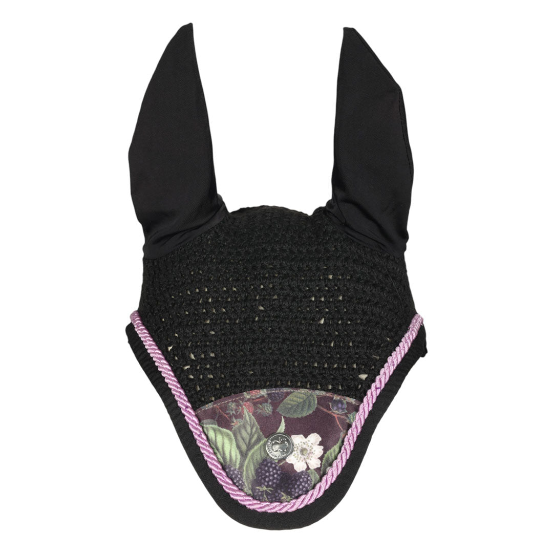 Black horse ear bonnet with floral patterned flap