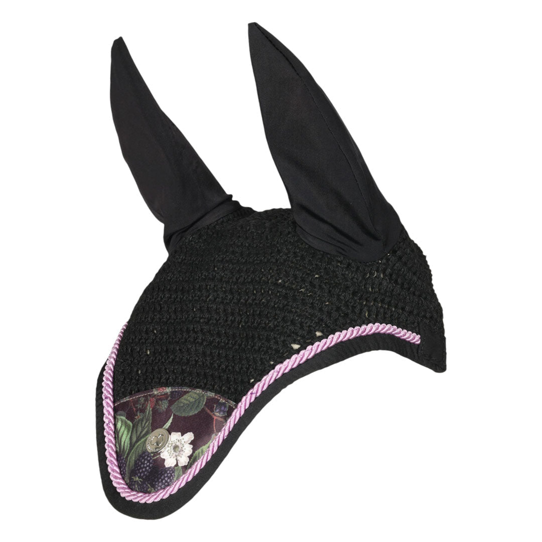 Black horse ear bonnet with floral patterned flap
